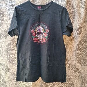 Lucky 13 T-Shirt Women Large Black Sugar Skull Rose Tattoo Graphic Y2K USA Made